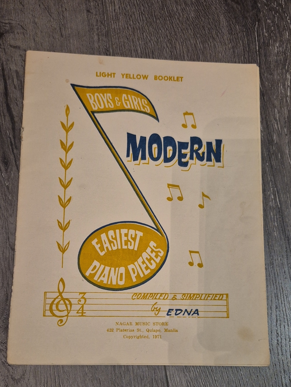 Light Yellow Booklet "Modern Easiest Piano Pieces" - Vintage Piano Book By EDNA